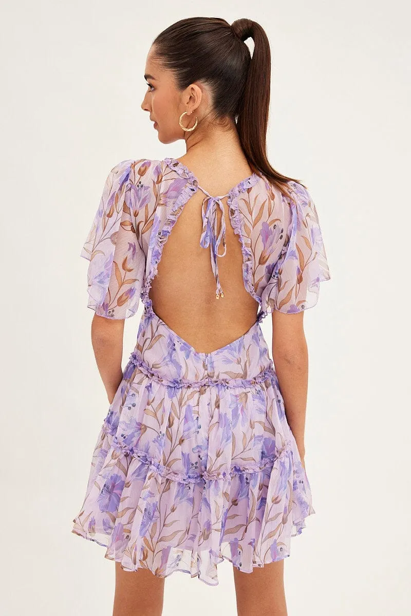 BreathableMesh SweatWickingLining Blue Floral Fit And Flare Dress Short Sleeve Backless