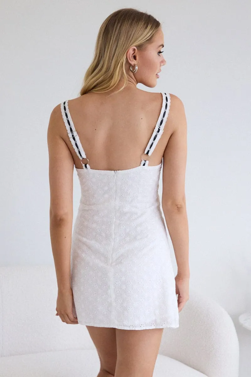White Mini Dress Lace Trim Sleeveless Eyelet Fabric Casual Comfort Stage Hot