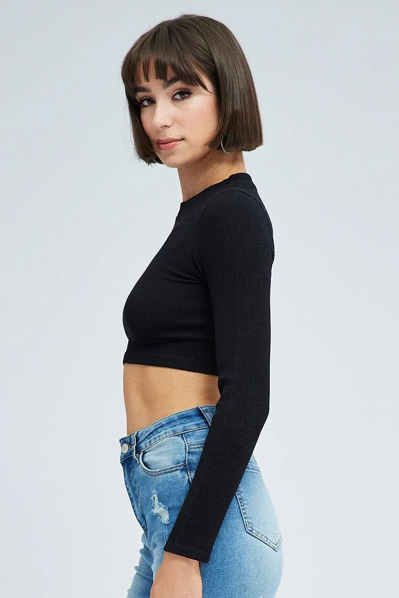 Warm Tracksuit Black Top Long Sleeve Round Neck String Back Seamless