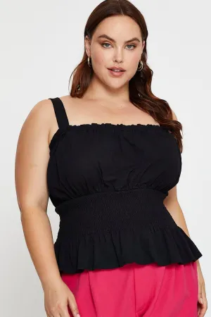 Black Tank Top Shirred Waist Cotton Stretch Seamless Design World Tone