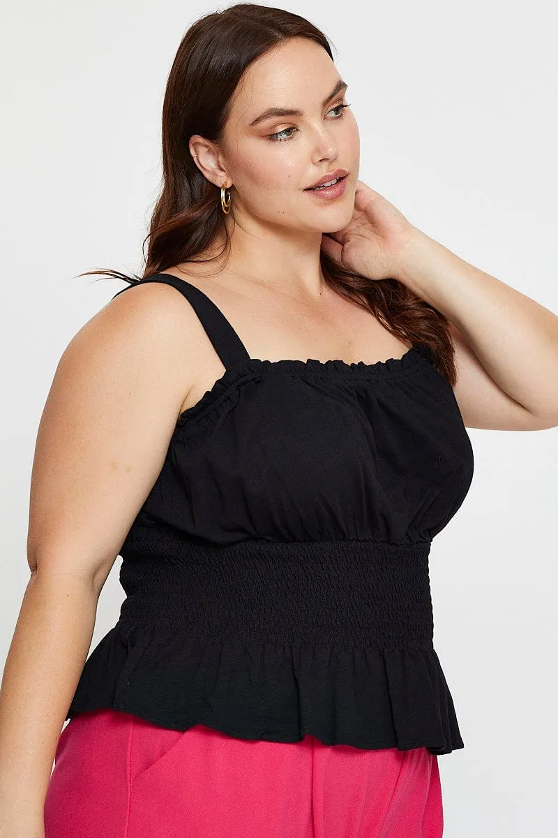 Basic Core Black Tank Top Shirred Waist Cotton Stretch