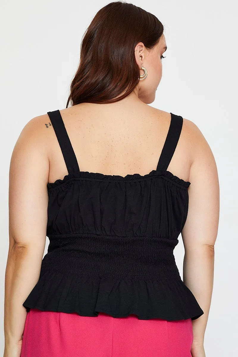 Move Fast Black Tank Top Shirred Waist Cotton Stretch