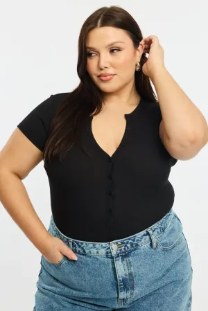 Fable Core Sharp Line Black Bodysuit Short Sleeve Ribbed Button Front