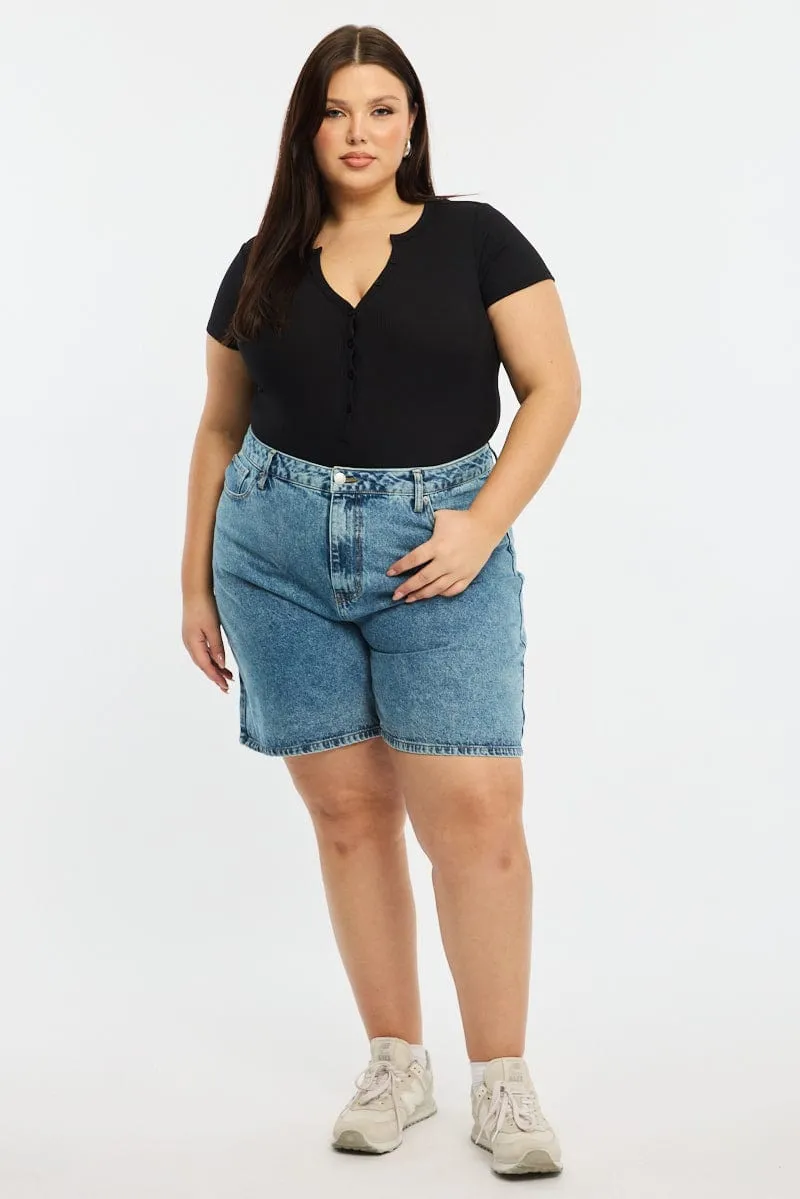 Black Bodysuit Short Sleeve Ribbed Button Front Relaxing Wear