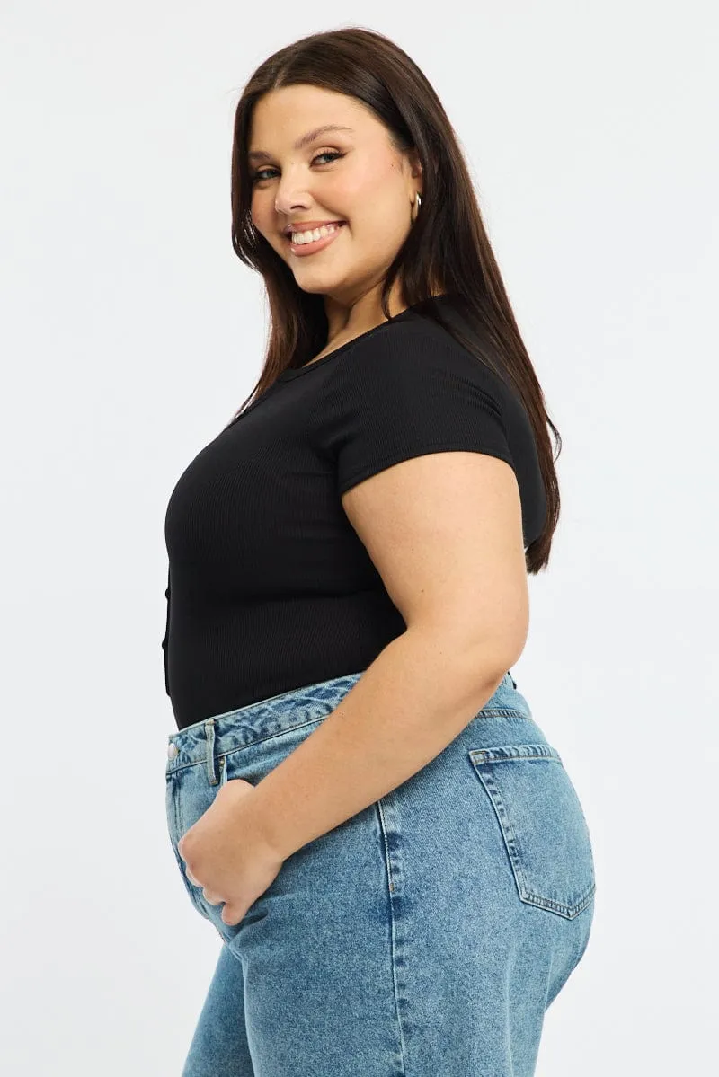 Black Bodysuit Short Sleeve Ribbed Button Front Game Core