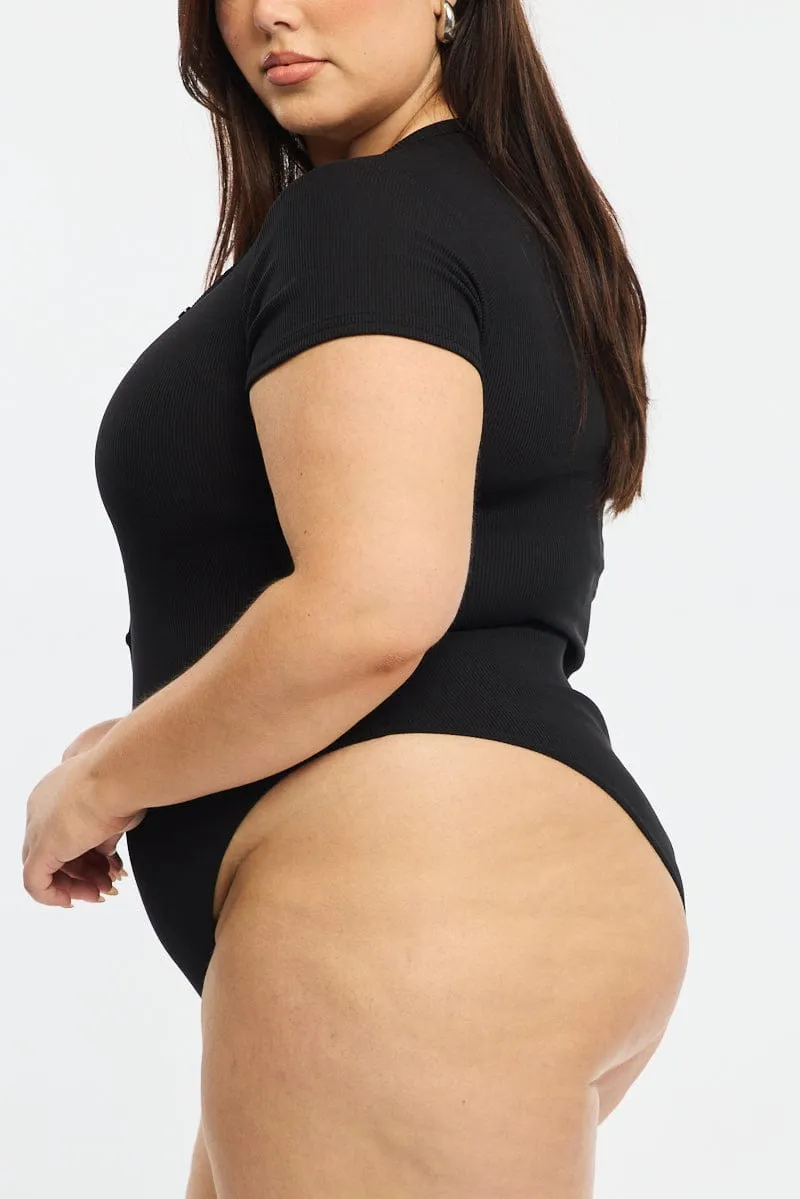 Flexible Waistline Winter Essential Black Bodysuit Short Sleeve Ribbed Button Front
