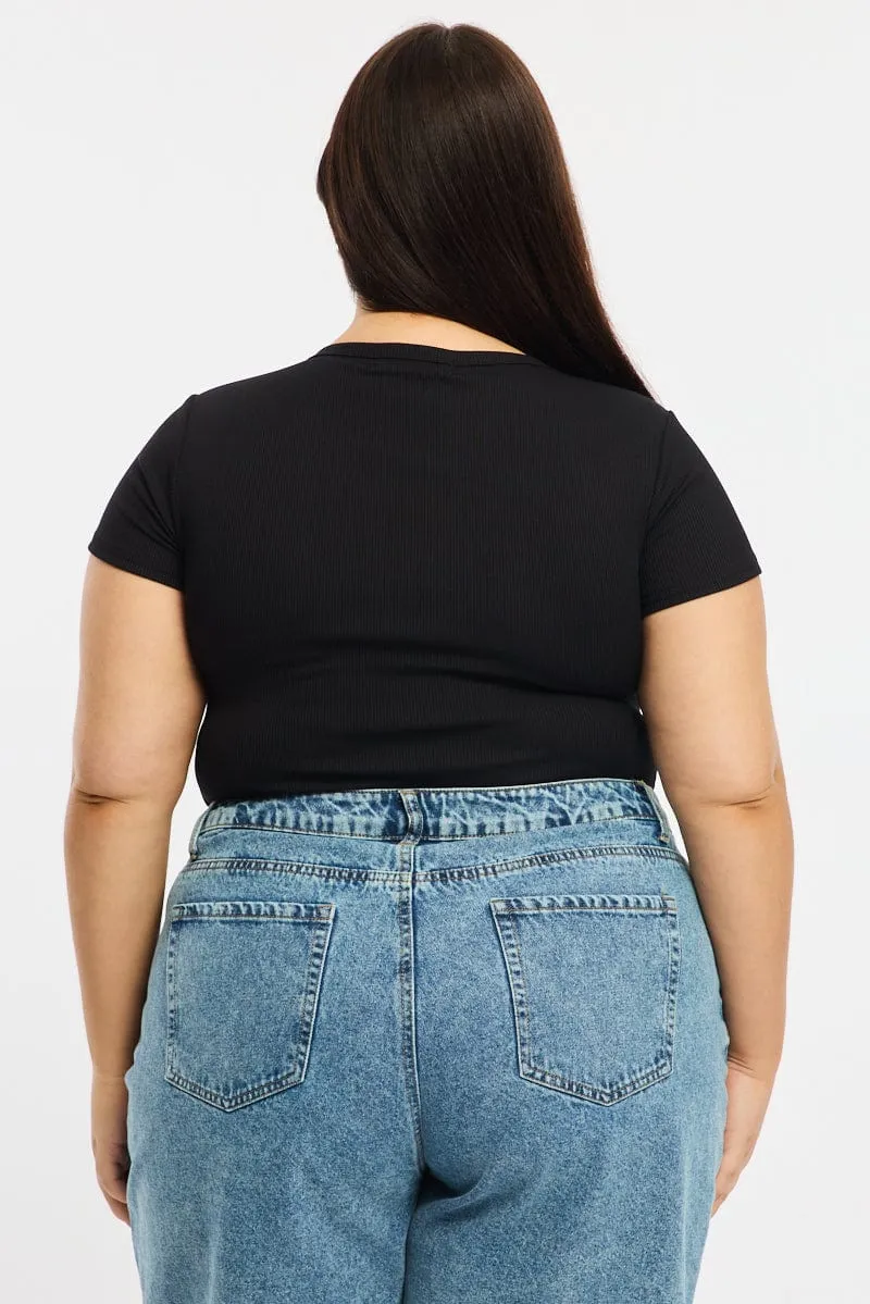 Walk Mood Black Bodysuit Short Sleeve Ribbed Button Front
