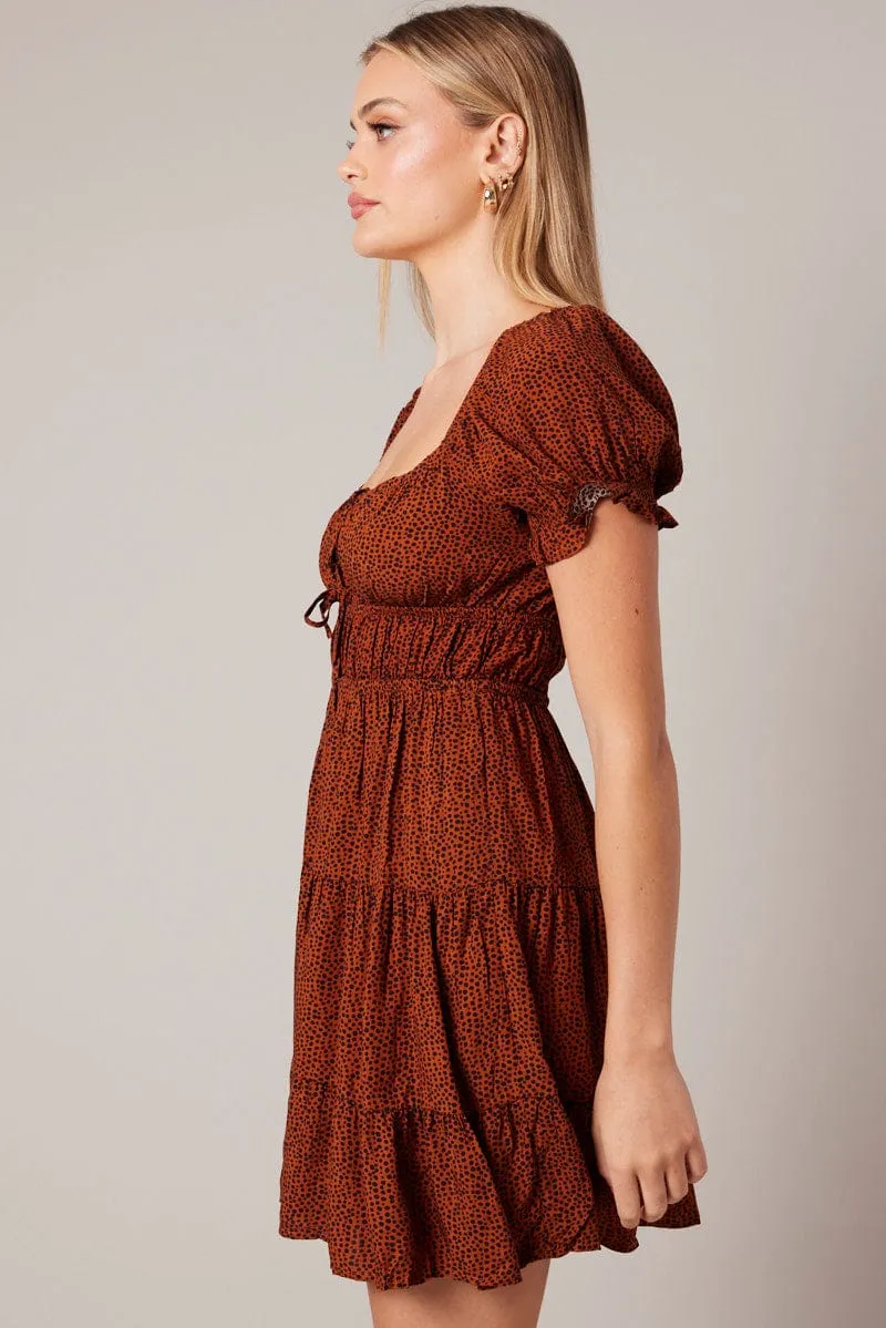 Cool Frame Brown Geo Fit And Flare Dress Puff Sleeve Mini
