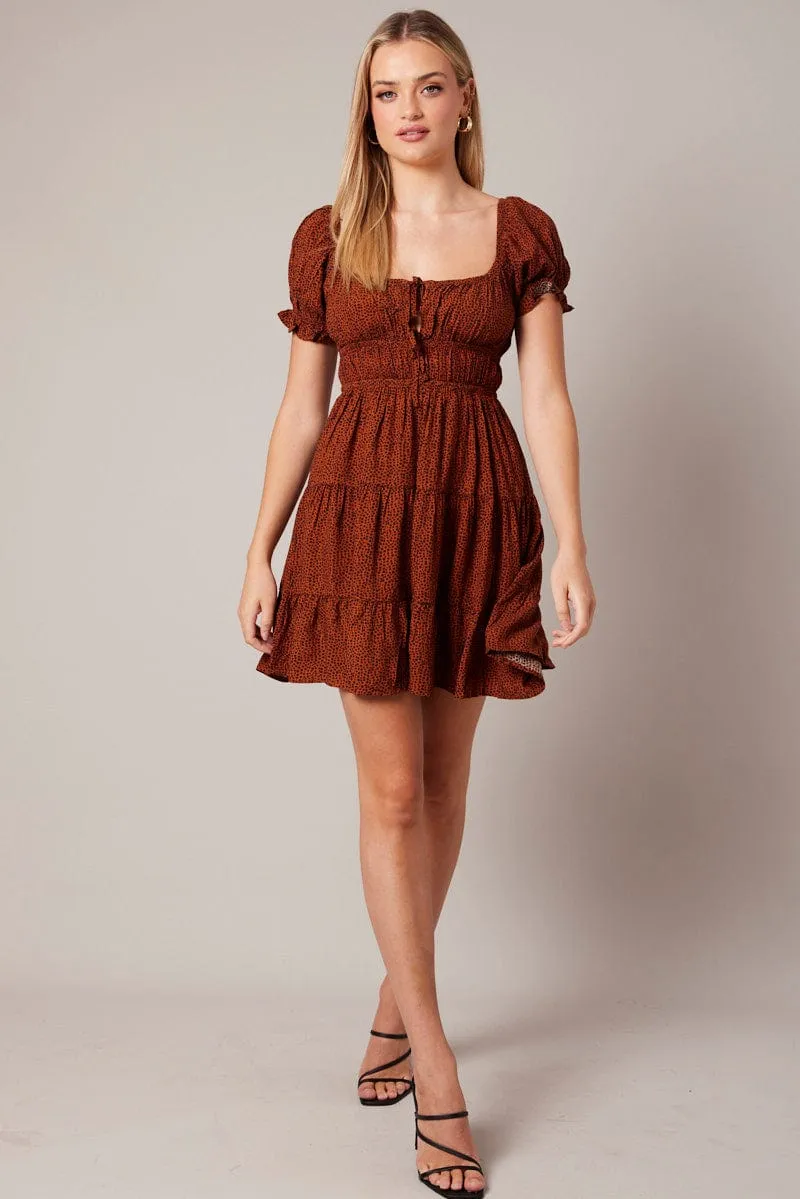 Classic Wear Brown Geo Fit And Flare Dress Puff Sleeve Mini