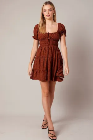 Classic Wear Brown Geo Fit And Flare Dress Puff Sleeve Mini