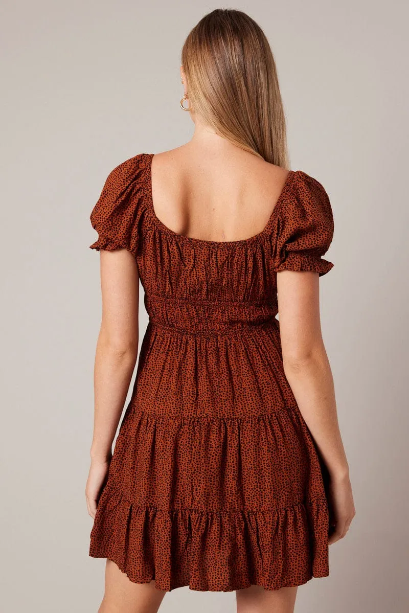 Brown Geo Fit And Flare Dress Puff Sleeve Mini Work Ready