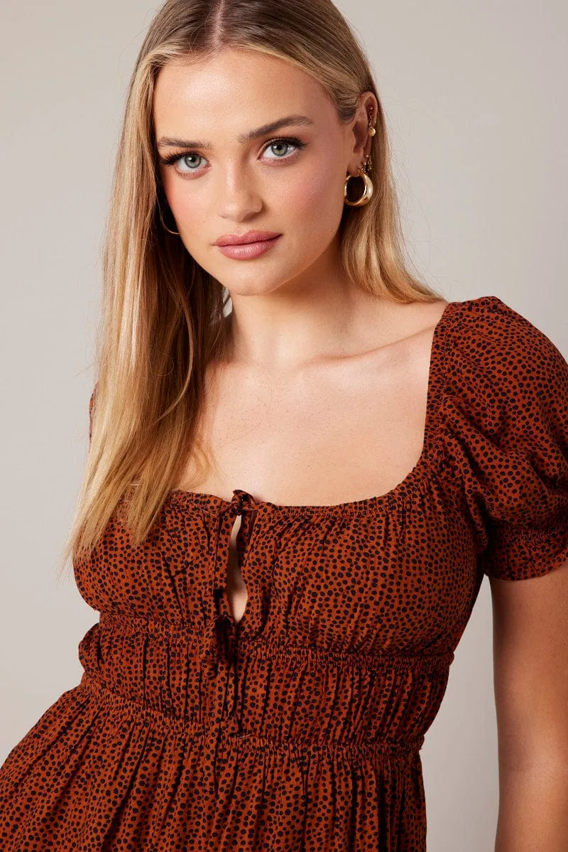 Brown Geo Fit And Flare Dress Puff Sleeve Mini MicroPerforatedTexture Swim Easy