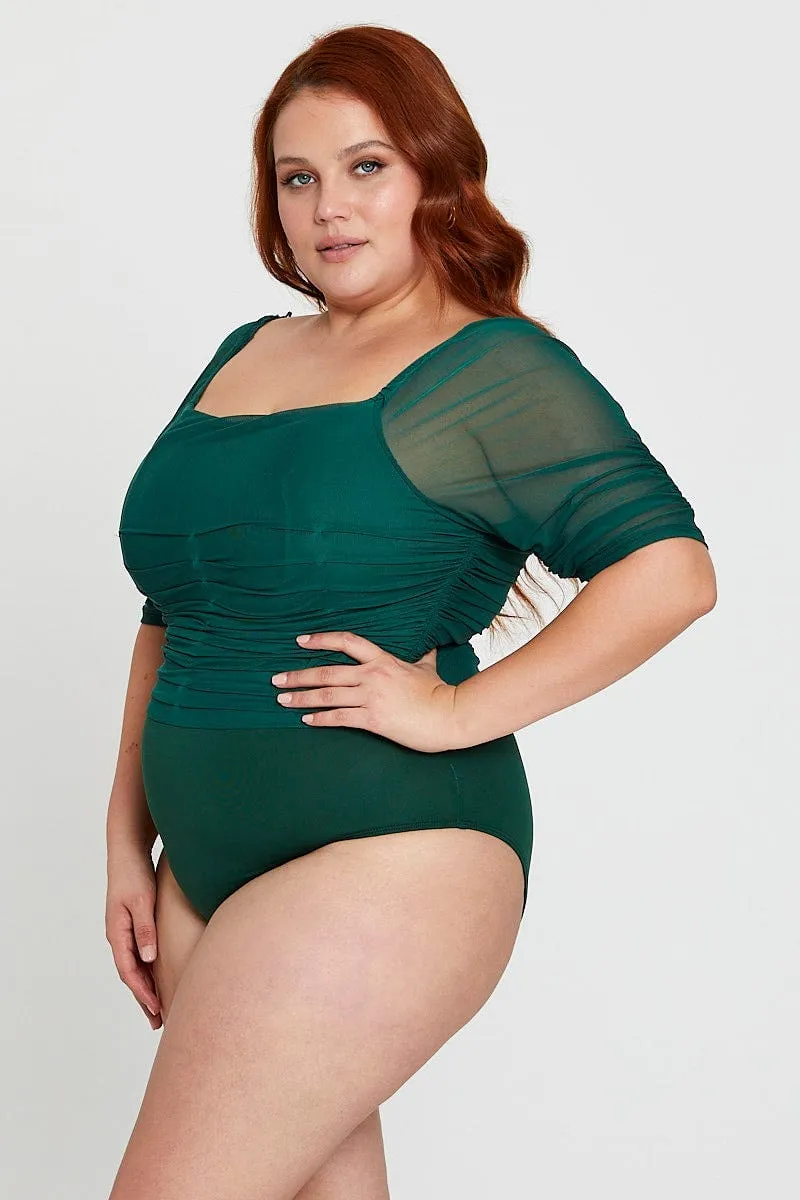 StainlessZippers Eco Core Green Sleeve Bodysuit Ruched Bodice Three-quarter