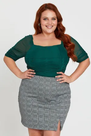 NoIrritationSeams Stage Feel Green Sleeve Bodysuit Ruched Bodice Three-quarter