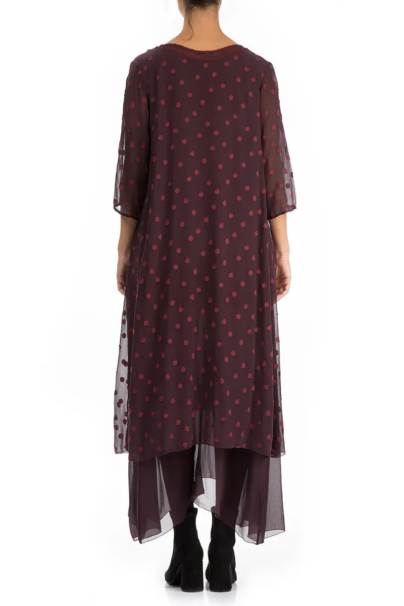 Layered Dotty Burgundy Silk Dress Classic Look Stone Glow