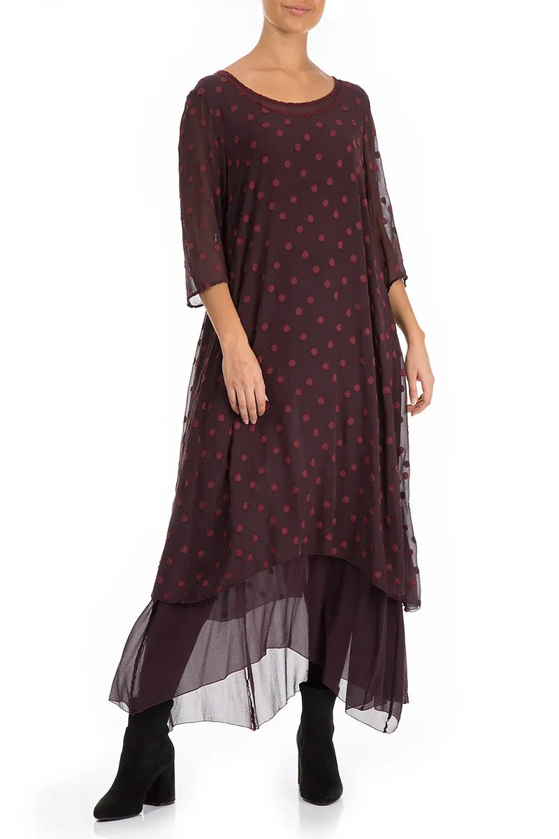 StaticResistant SoftTouchFinish Layered Dotty Burgundy Silk Dress