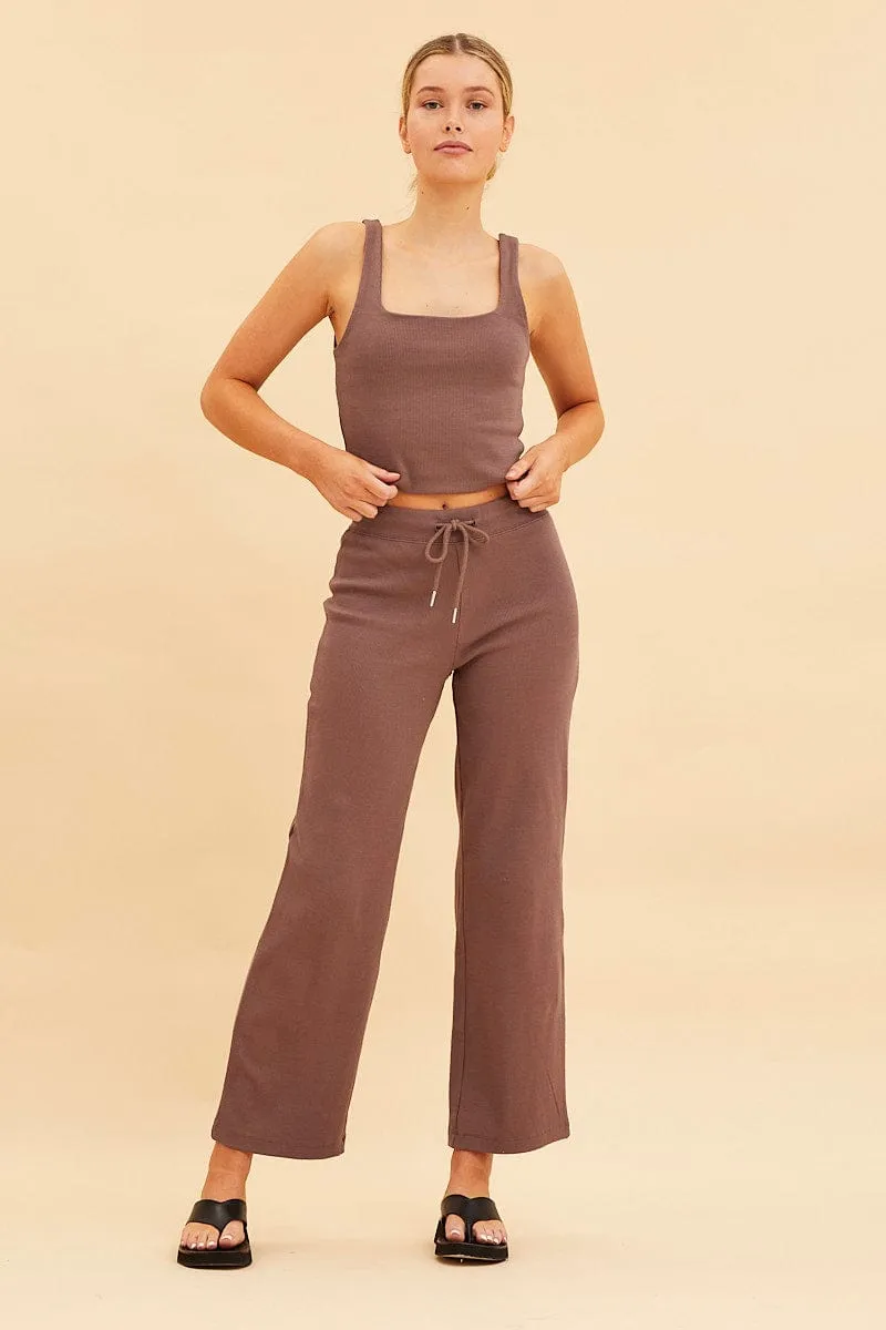 QuickReleaseFastenings Brown Crop Tank Square Neck Cotton Blend Rib