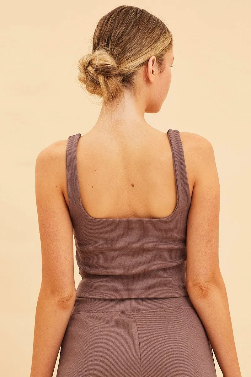 Young Edge Brown Crop Tank Square Neck Cotton Blend Rib
