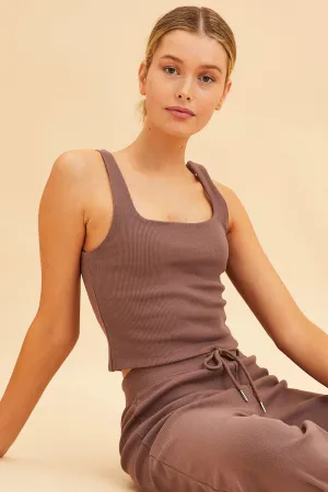 Brown Crop Tank Square Neck Cotton Blend Rib Compact Packable Design