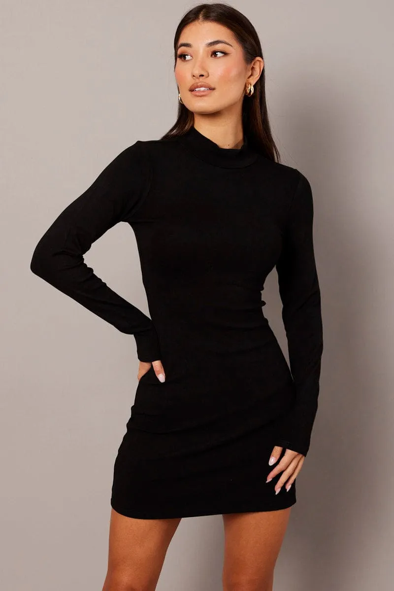 AbrasionResistant Material Black Bodycon Dress Long sleeve Mini