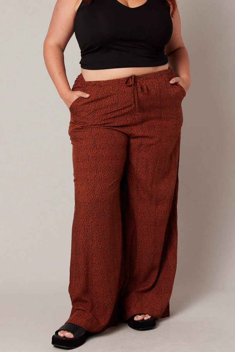 Brown Geo Wide Leg Pants High Rise Simple Comfort FadeResistant