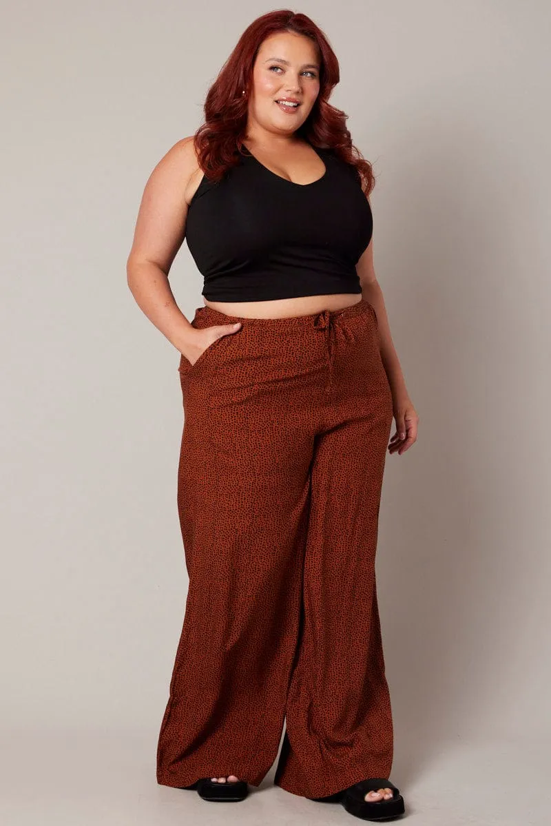 Basic Utility Sophisticated Look Brown Geo Wide Leg Pants High Rise