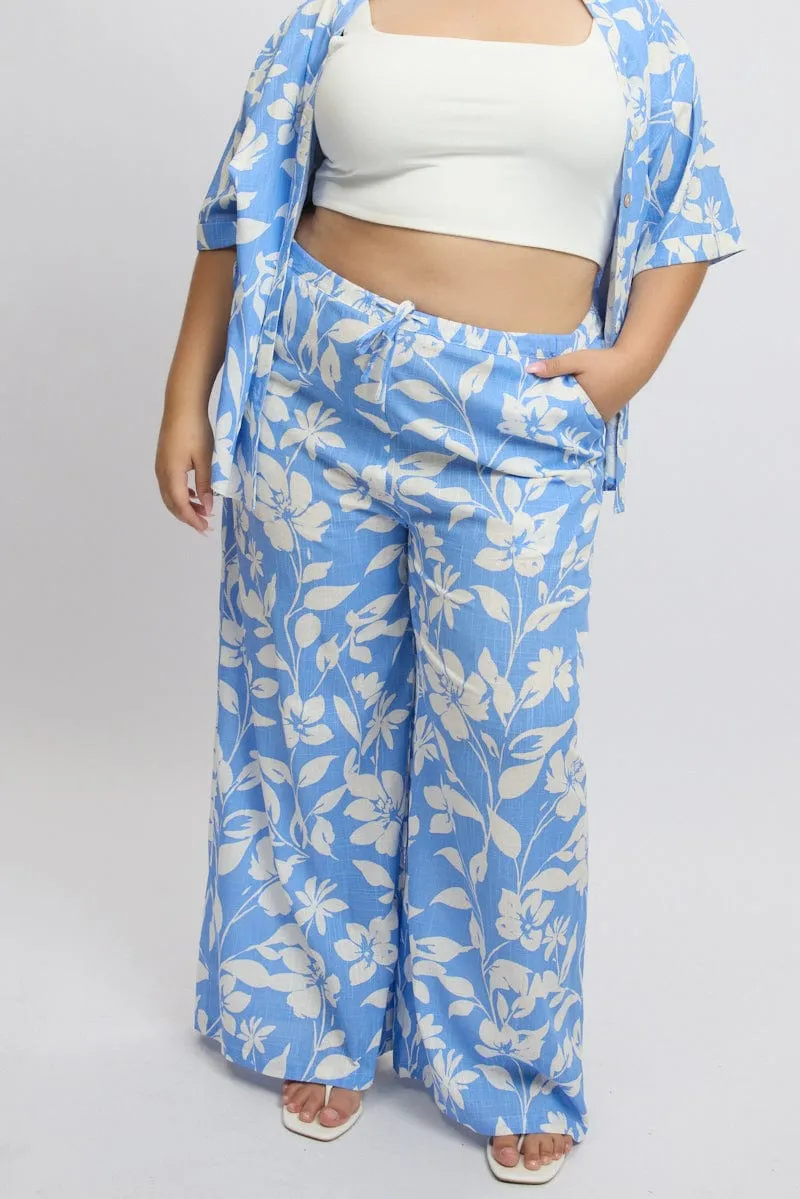 Blue Abstract Drawstring Waist Wide Leg Linen Blend Pants Layering Piece