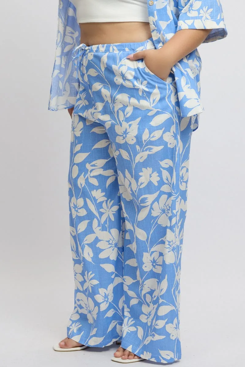 Blue Abstract Drawstring Waist Wide Leg Linen Blend Pants High-waisted fit