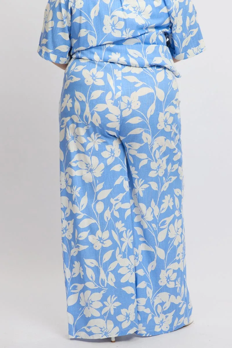 Lightweight Construction Chilly Comfort Blue Abstract Drawstring Waist Wide Leg Linen Blend Pants