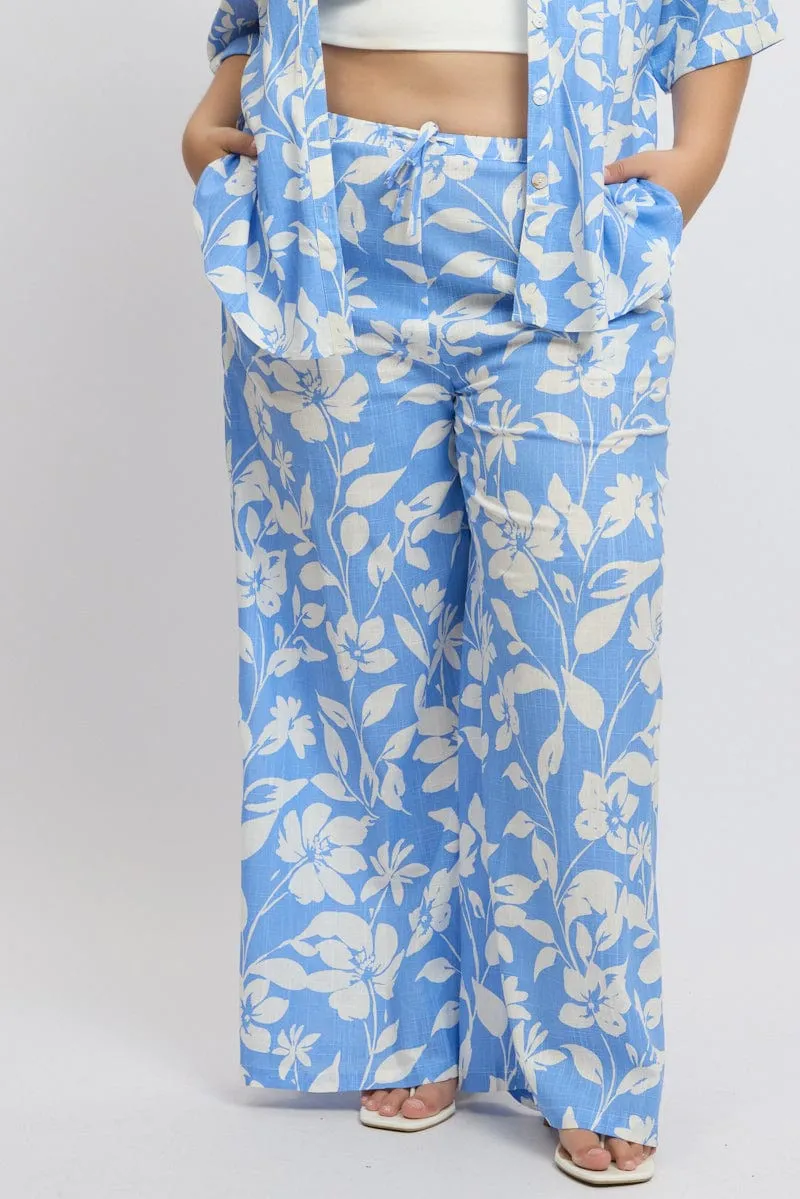 Blue Abstract Drawstring Waist Wide Leg Linen Blend Pants Twill Weave Texture