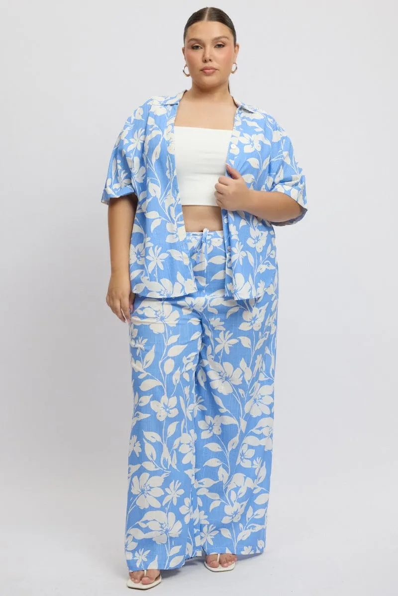 Blue Abstract Drawstring Waist Wide Leg Linen Blend Pants On The Go Flex Foam Inserts