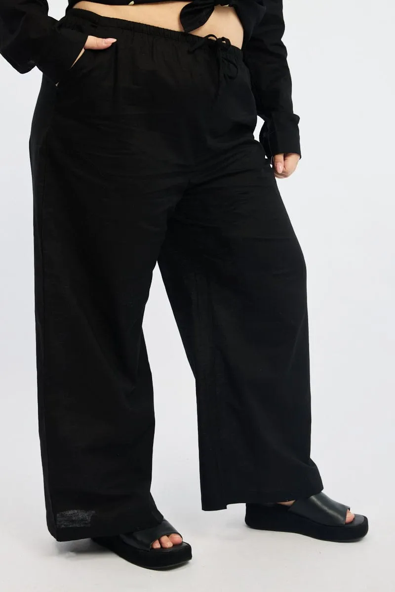 TouchscreenCompatiblePockets Boho chic Black Linen Blend Drawstring Waist Wide Leg Pants