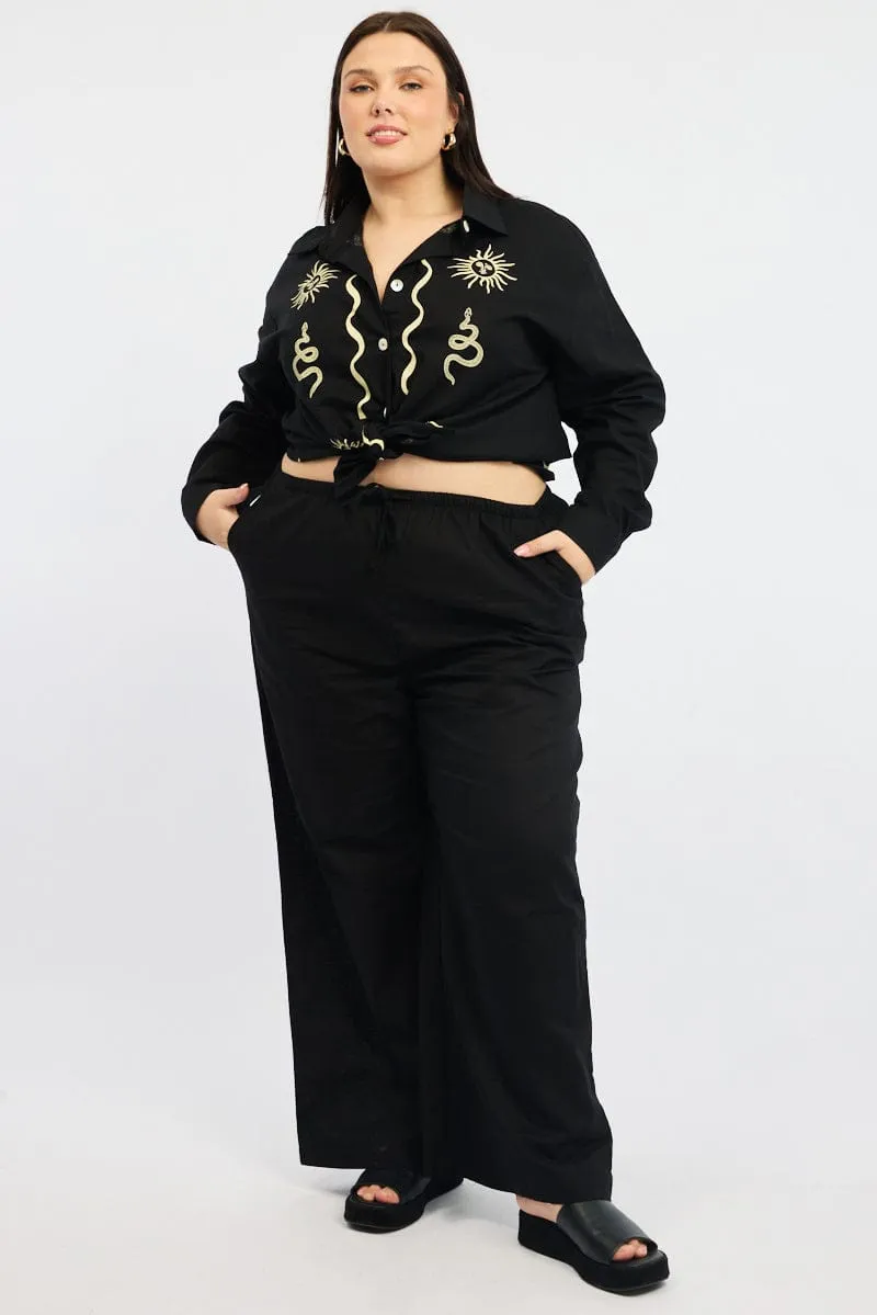 Flattering Style Black Linen Blend Drawstring Waist Wide Leg Pants