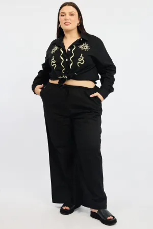 Flattering Style Black Linen Blend Drawstring Waist Wide Leg Pants