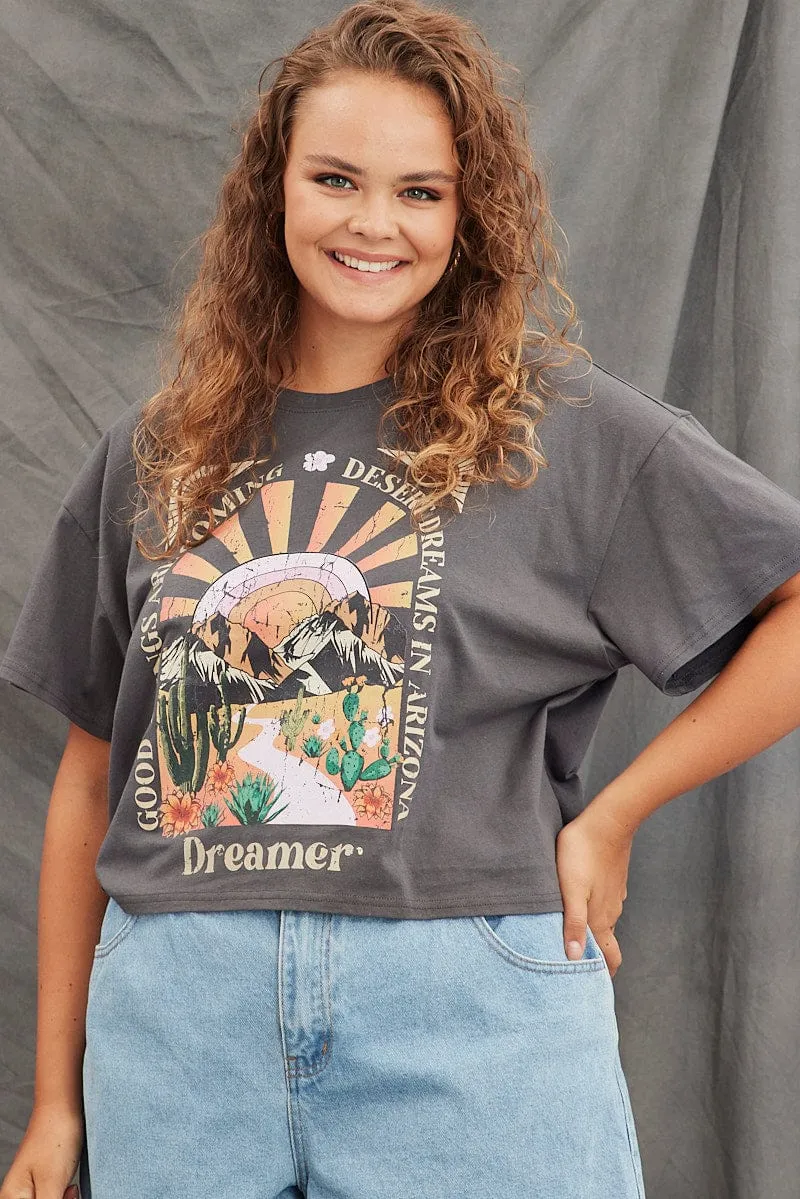 Cozy Wear HeatResistantMaterial Grey Graphic T-shirt Semi Crop Festival Cotton