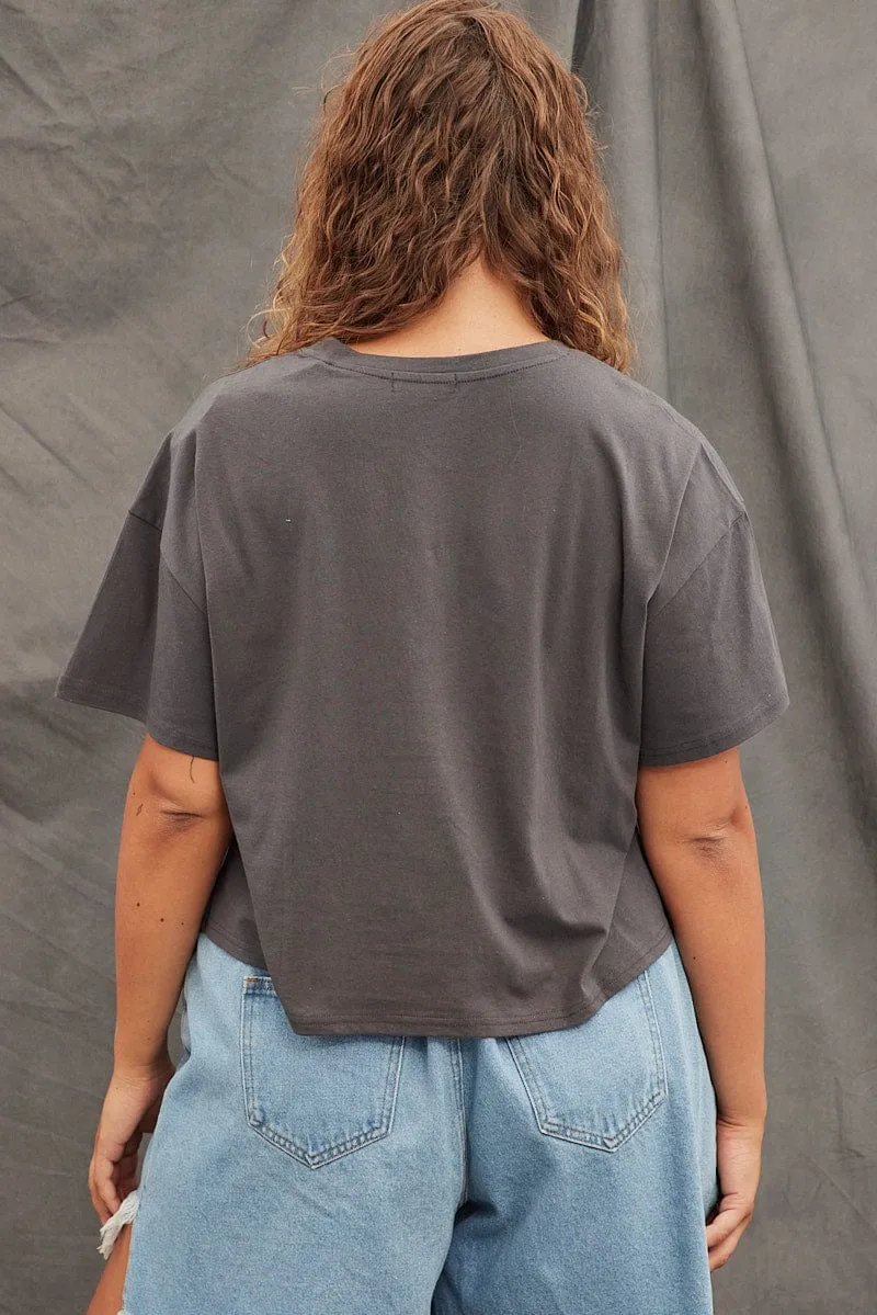 Grey Graphic T-shirt Semi Crop Festival Cotton Adaptable