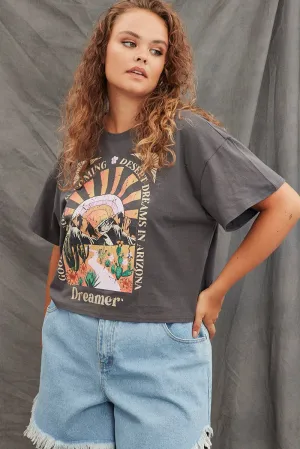 Chilly Day Style Comfy Essentials Grey Graphic T-shirt Semi Crop Festival Cotton