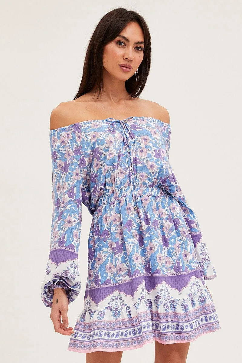 Boho Print Tie Waist Dress Long Sleeve Mini Polish Tone