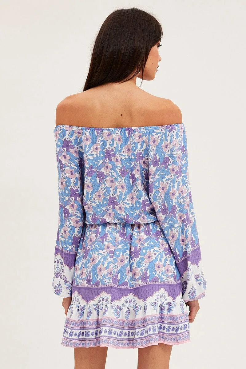 Boho Print Tie Waist Dress Long Sleeve Mini Vintage Soul
