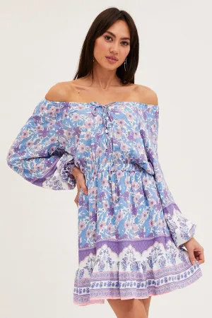 Boho Print Tie Waist Dress Long Sleeve Mini EasyAdjustment