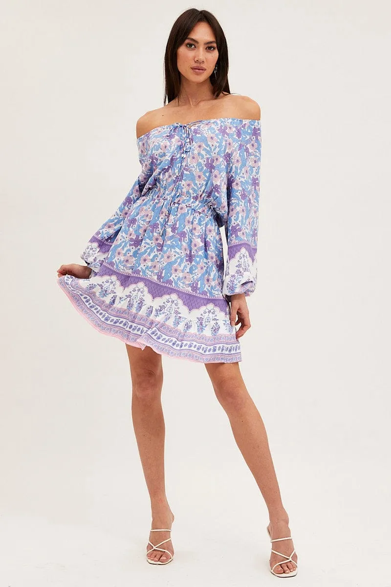 Boho Print Tie Waist Dress Long Sleeve Mini Smart Skirt