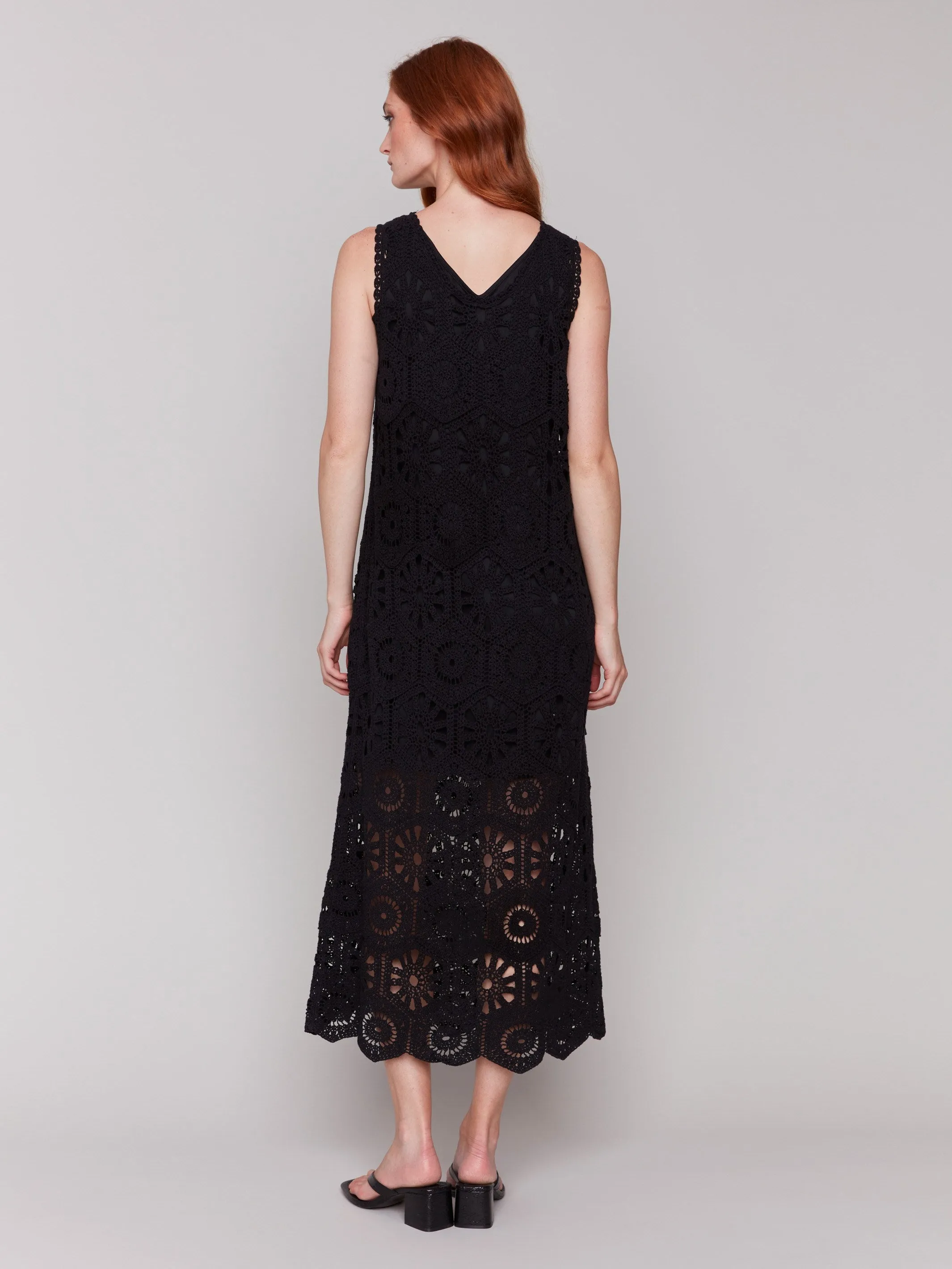 Cotton Crochet Sleeveless Maxi Dress - Black retro look Cozy Dress
