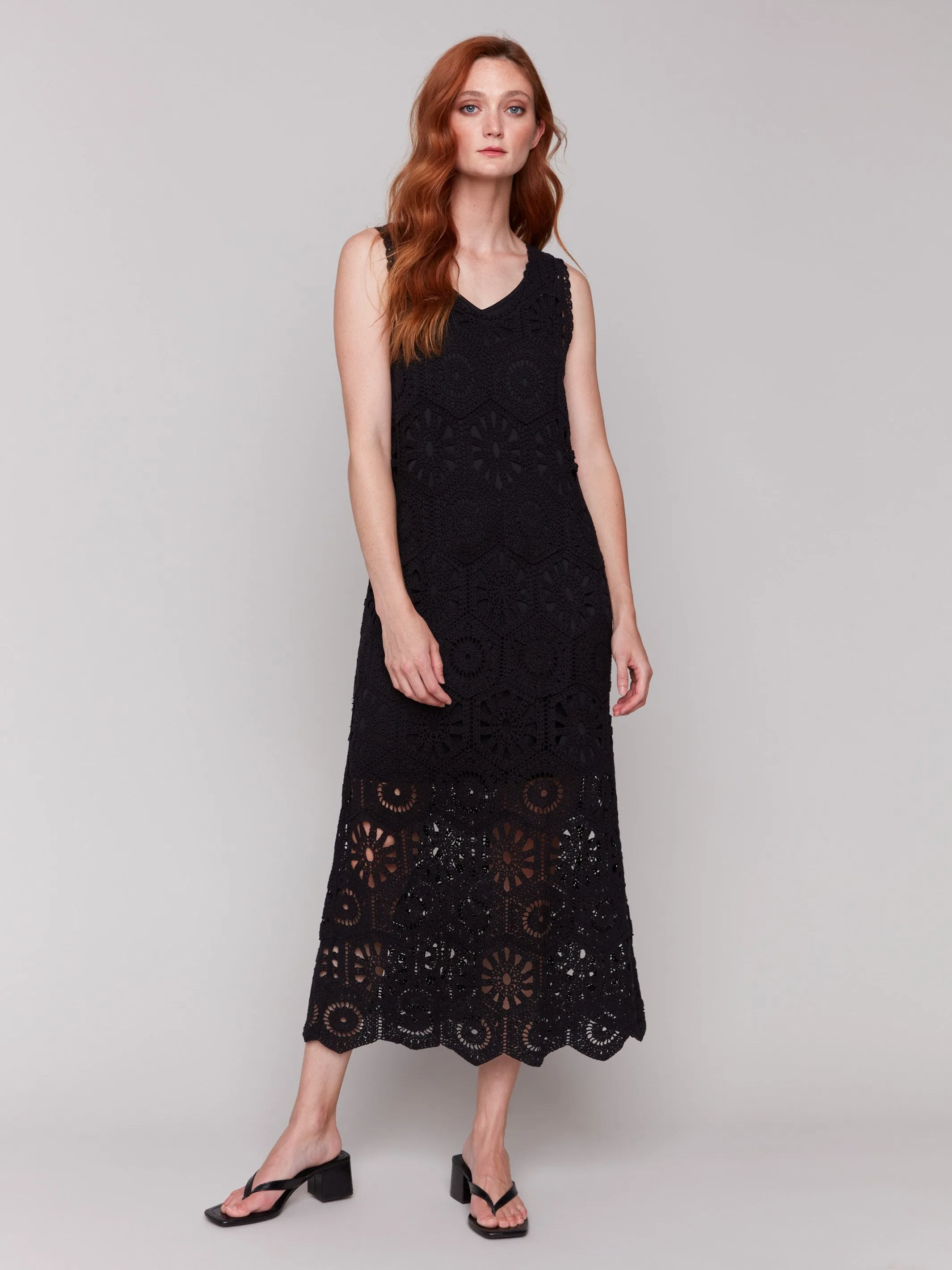 Cotton Crochet Sleeveless Maxi Dress - Black TemperatureRegulatingLining Modern Chic