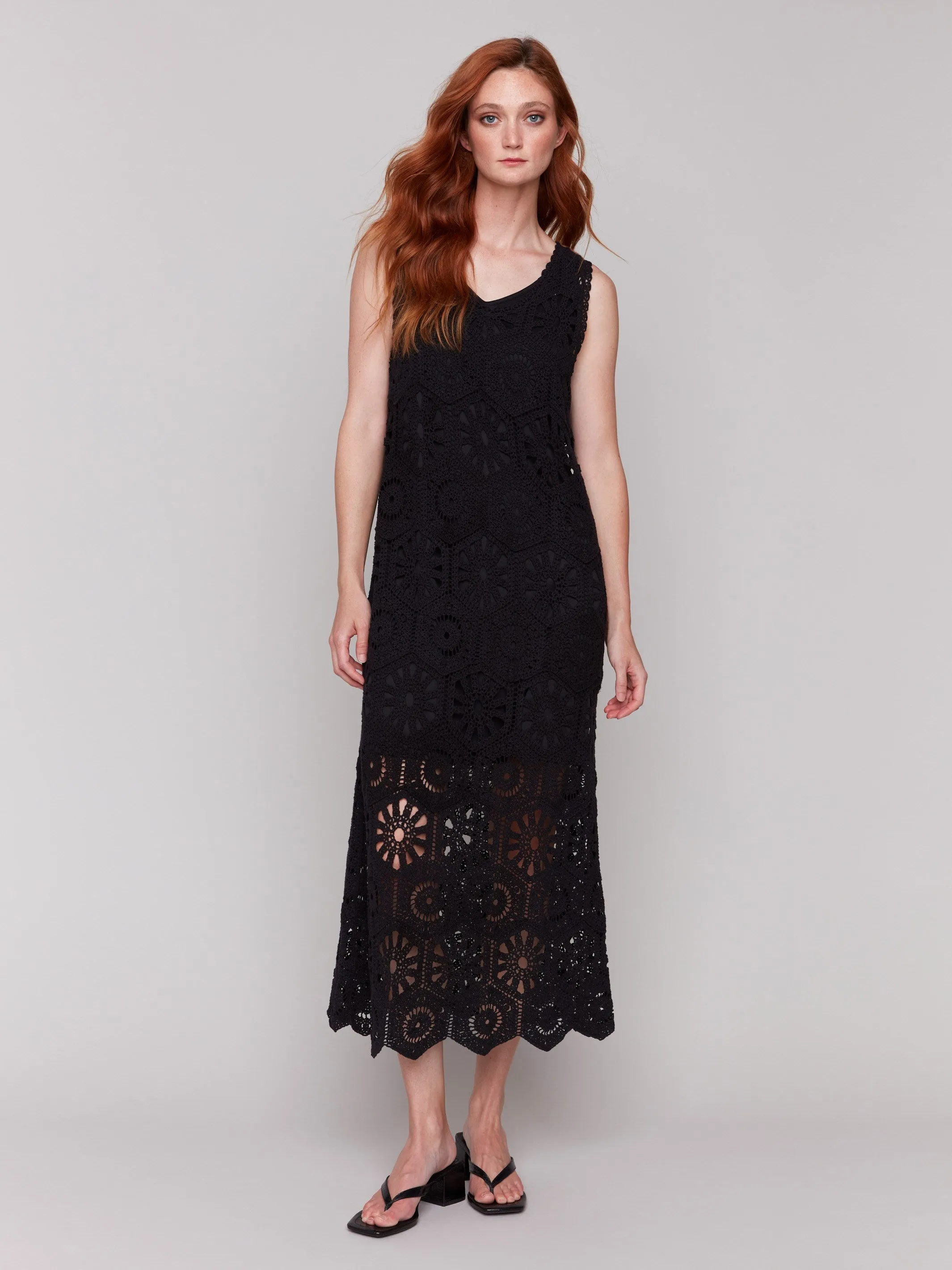 Modern Look wrinkle free Cotton Crochet Sleeveless Maxi Dress - Black