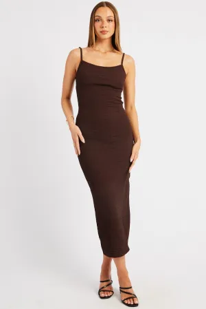Brown Bodycon Dress Singlet Textured Midi Antistatic Coastal Chic