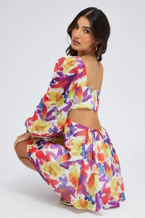VentilatedKnit Multi Floral Dress Watercolour Print Ring Front Balloon Sleeve