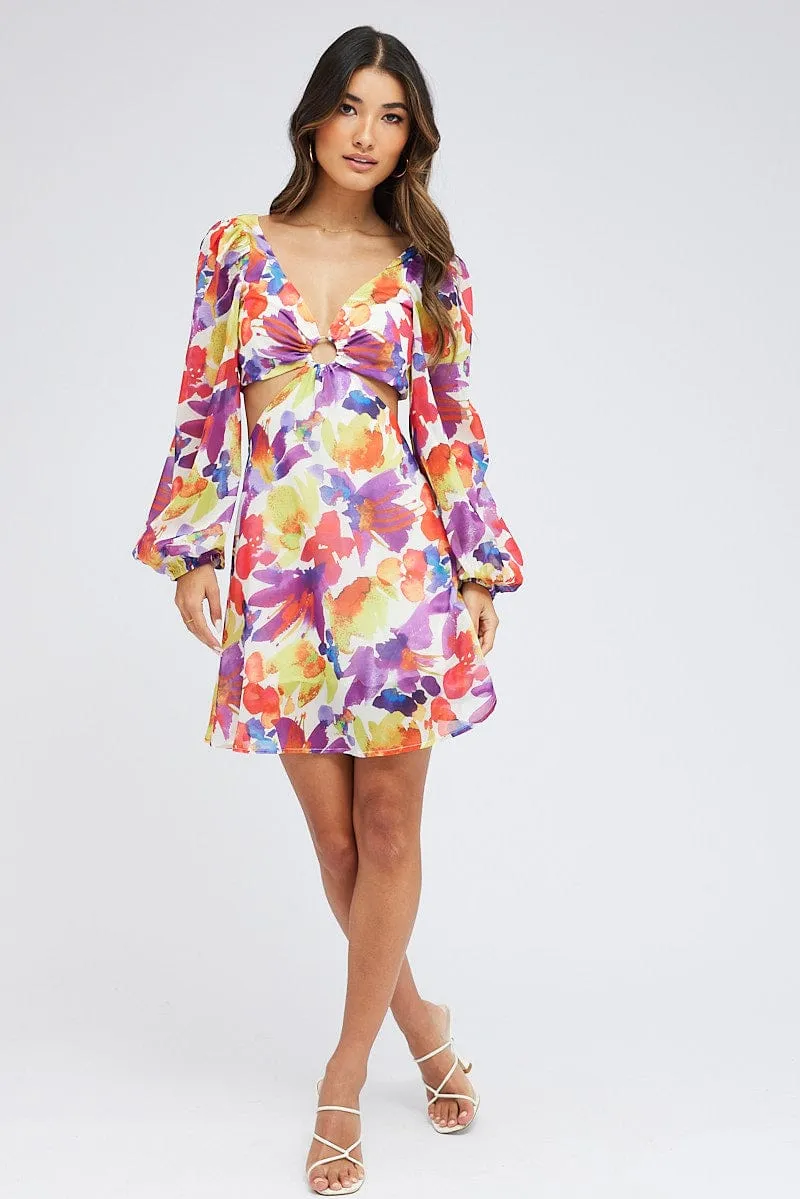 Thick Glow Multi Floral Dress Watercolour Print Ring Front Balloon Sleeve