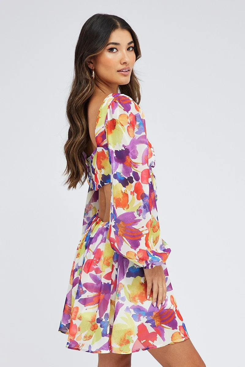 Multi Floral Dress Watercolour Print Ring Front Balloon Sleeve QuickRelease Closures FlexibleCuff