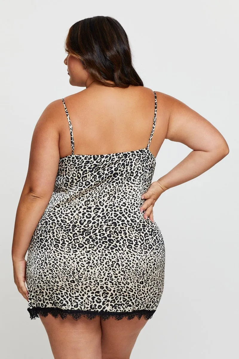 Animal Print Satin Cami Nightie Eyelash Lace Night Dress LightweightWeave