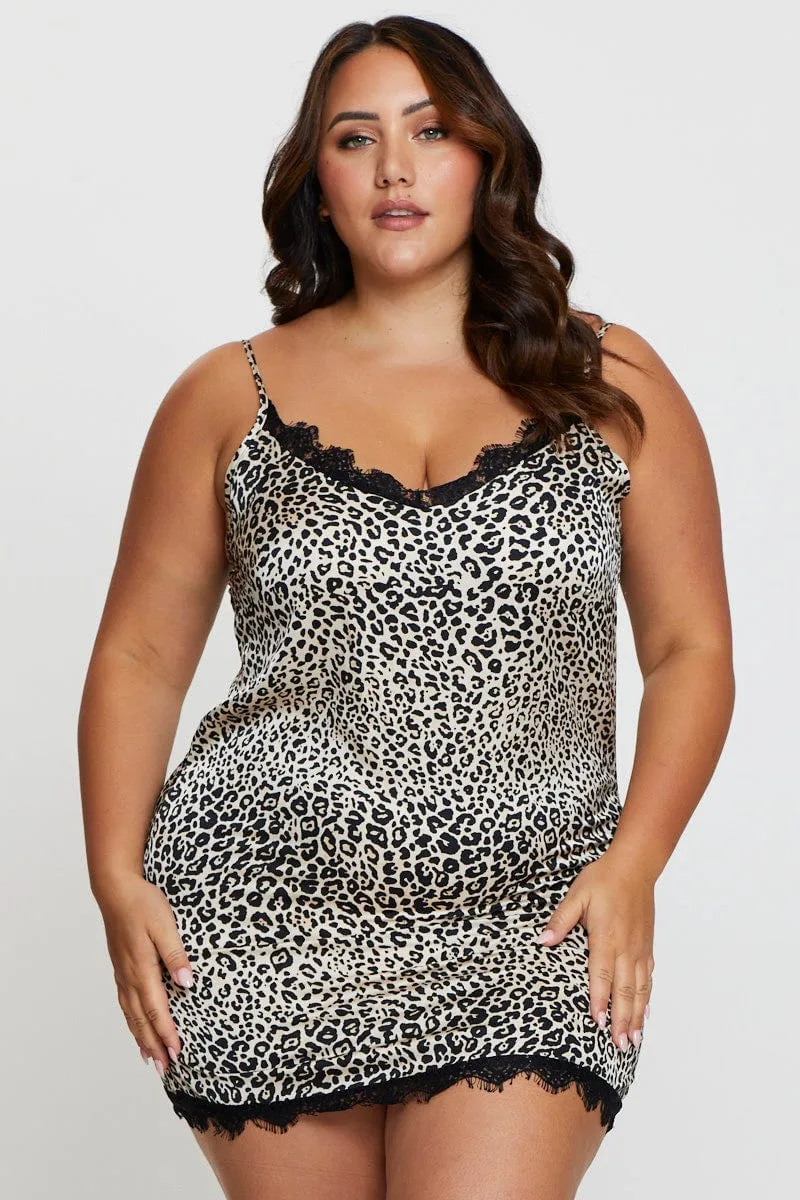 Animal Print Satin Cami Nightie Eyelash Lace Night Dress Harbor Style